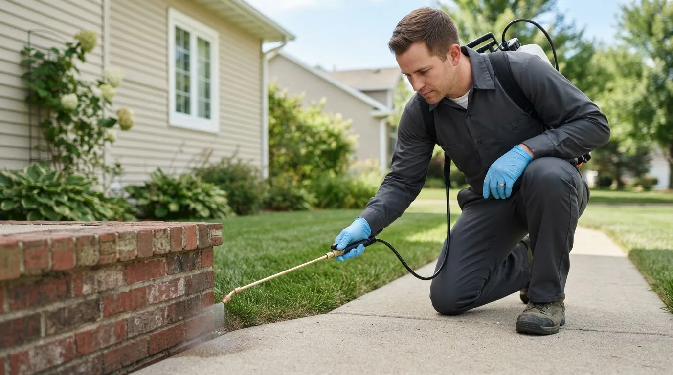 Pest control technician treating a home near Staples, MN